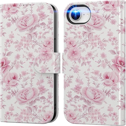 DEENAKIN for iPhone 16e Wallet Case with Card Holder + Cash Clip, RFID-Blocking, Military-Grade Drop Protection, Magnetic Closure with Leather Kickstand - Blooming Pink Roses