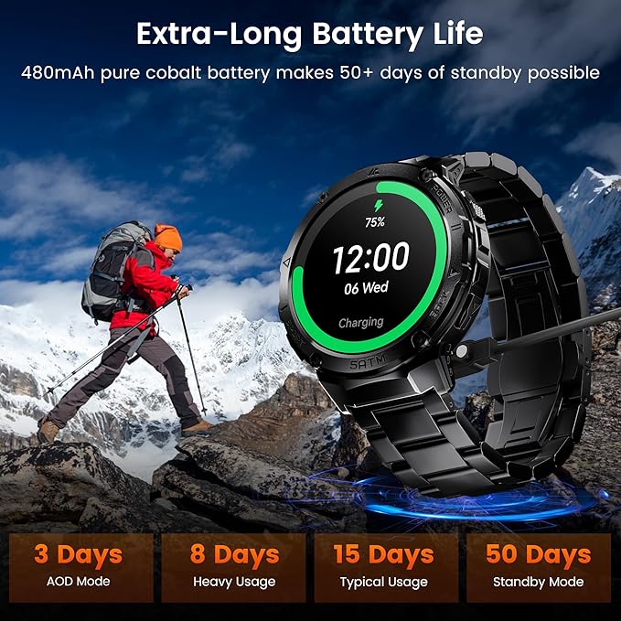 Smart Watch for Men with GPS,50 Days Battery Life,5ATM Waterproof,1.43" Amoled HD Display Answer/Make Calls Rugged Military Full Metal Body Compatible for Android&iOS