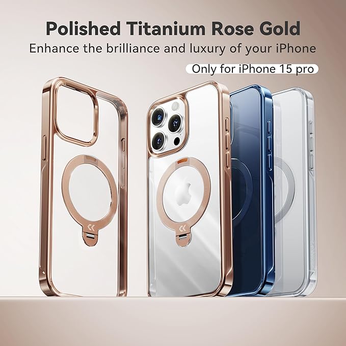 CASEKOO Desert Titanium 360° Polished for iPhone 15 Pro Case with Spin Magnetic Stand [Compatible with Magsafe][16FT Military Protection] Clear Back for 15 Pro Case Ring Kickstand 6.1'', Rose Gold