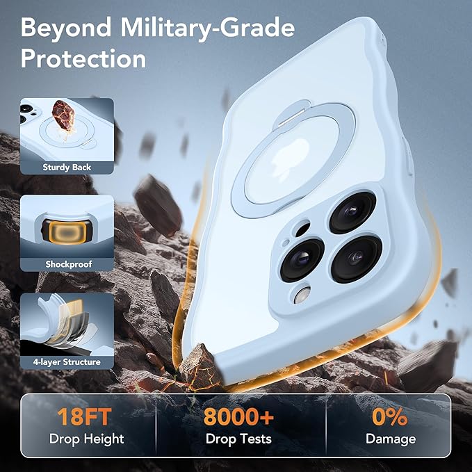 GolbinBox for iPhone 15 Pro Max Case,[Compatible with Magsafe][360°Magnetic Stand][Cute Wave Edge][18ft Military-Grade Protection] Translucent Matte Women Phone Cover for iPhone 15 Promax, Baby Blue