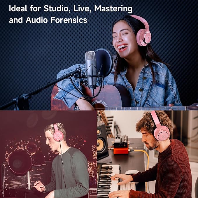 Wired Over Ear Headphones, Studio Monitor & Mixing DJ Headphones with 50mm Neodymium Drivers and 1/4 to 3.5mm Jack for Guitar AMP Podcast Piano Keyboard (Pink)