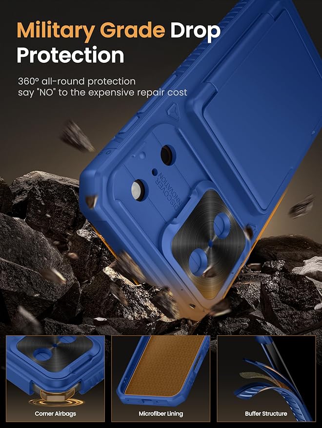 Vihibii for iPhone 17 Pro Max Case with Card Holder (4 Cards) [RFID Blocking] & Slide Camera Cover, Military Grade Drop Protection, Rugged Hard Back & Silicone Edge Wallet Phone Case 2025, Royal Blue