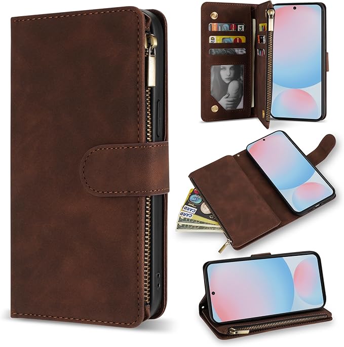 ZZXX for Samsung Galaxy S24 FE Wallet Case with RFID Blocking Card Slot PU Leather Zipper Flip Folio with Strap Kickstand Protective Cover for Samsung Galaxy S24 FE Case Wallet(Coffee-6.7 inch)