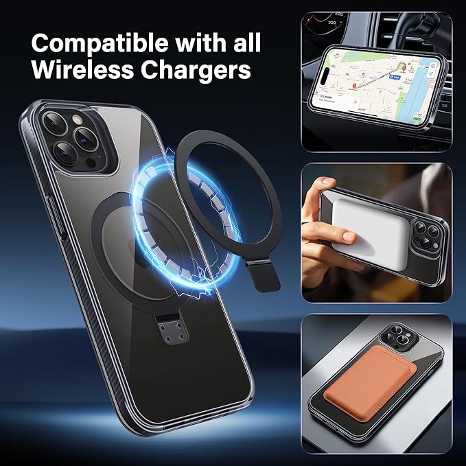 Magnetic Case for iPhone 15 Pro Max - [Built-in Invisible Stand] [Compatible with MagSafe] [Military Grade Drop Protection] Anti-Yellowing Hard Back Silicone Edge Cover, 6.7", Clear Black