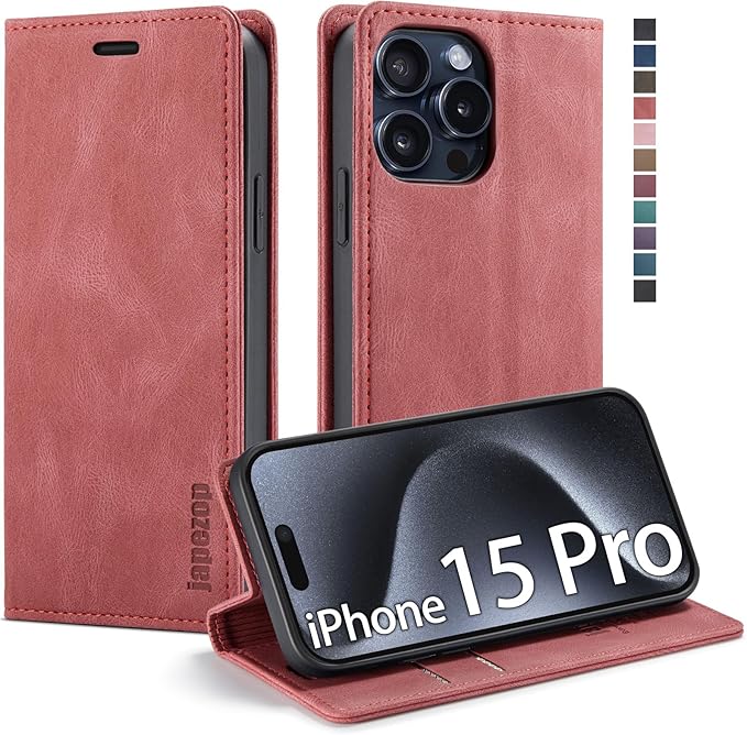 japezop iPhone 15 Pro 5G Wallet Case with [RFID Blocking],Card Holder Kickstand Magnetic,Leather Flip Case Wallet for iPhone 15 Pro 5G 6.1 Inch(Red)