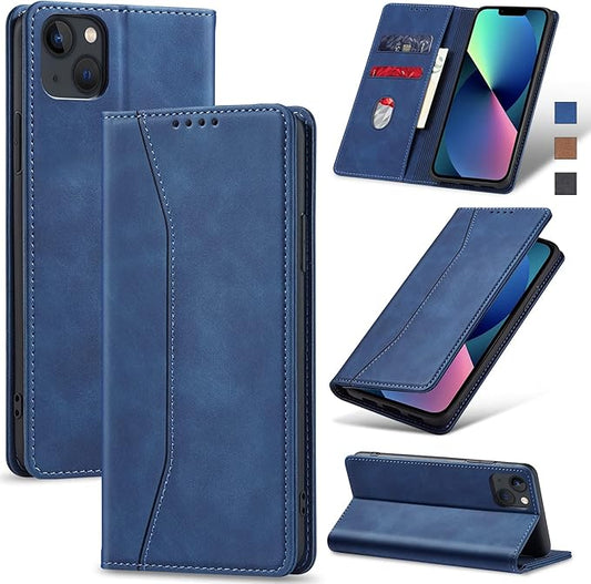 Jasonyu Flip Wallet Case for iPhone 13,Leather Magnetic Folio Cover with Card Holder,Kickstand - TPU Shockproof Durable Protective Phone Case,Blue