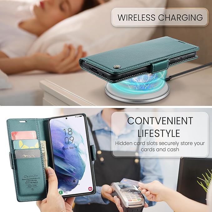 Case for Samsung Galaxy S21 Wallet Case, RFID Blocking PU Leather Flip Folio Cover Card Holder Kickstand Shockproof Phone Case Compatible with Samsung Galaxy S21, Blue Green