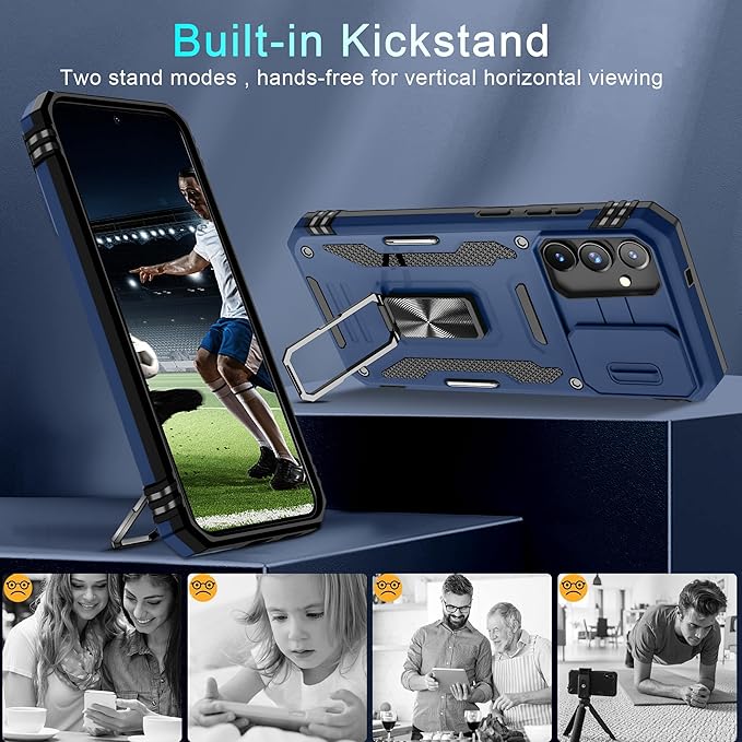 DEERLAMN Case for Samsung Galaxy S24+ Plus with Slide Camera Cover+Screen Protector (1 Pack), Rotated Ring Kickstand Military Grade Shockproof Protective Cover-Navy Blue