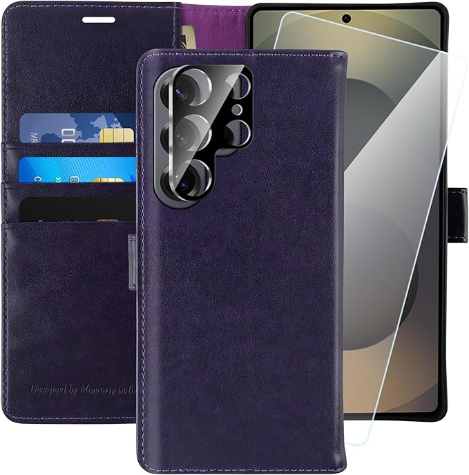 MONASAY Wallet Case Fit for Samsung Galaxy S25 Ultra 6.9 inch, [Lens & Glass Screen Protector Included] [RFID Blocking] Flip Folio Leather Cell Phone Cover with Credit Card Holder, Purple