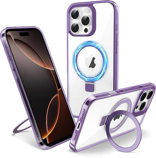 Magnetic Case for iPhone 16 Pro - [Built-in Invisible Stand] [Compatible with MagSafe] [Military Grade Drop Protection] Anti-Yellowing Hard Back Silicone Edge Cover, 6.3", Clear Purple