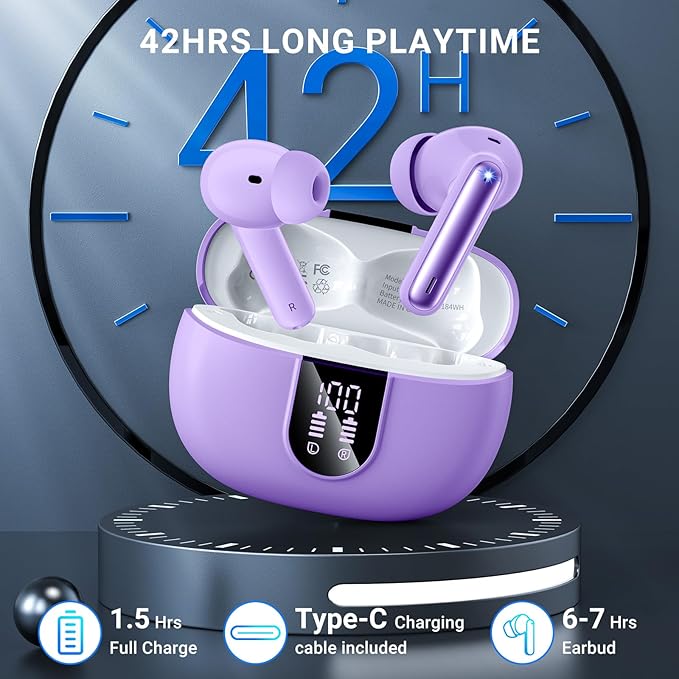Wireless Earbuds, 2025 Wireless Headphones HiFi Stereo Earphones with 4 ENC Noise Canceling Mic, 42Hs Playtime In Ear Earbud, Bluetooth 5.3 Sport Earphones with LED Power Display for Android iOS