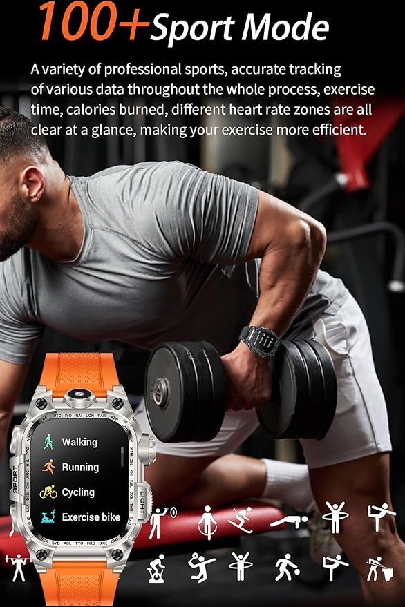 Tough Smart Watch for Working Men with Flashlight, 2.01" HD Ultra Large Rugged Smartwatch Bluetooth Call/Heart Rate/Sleep Monitor Hiking Camping Fitness Track Watches