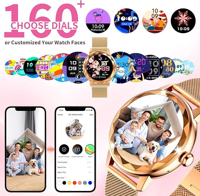 Smart Watch for Women with Make/Answer Call, 1.2" Adjustable Fitness Watch with Heart Rate Sleep Monitor Female Cycle and 100+ Sports Modes (W02-Rose Gold)