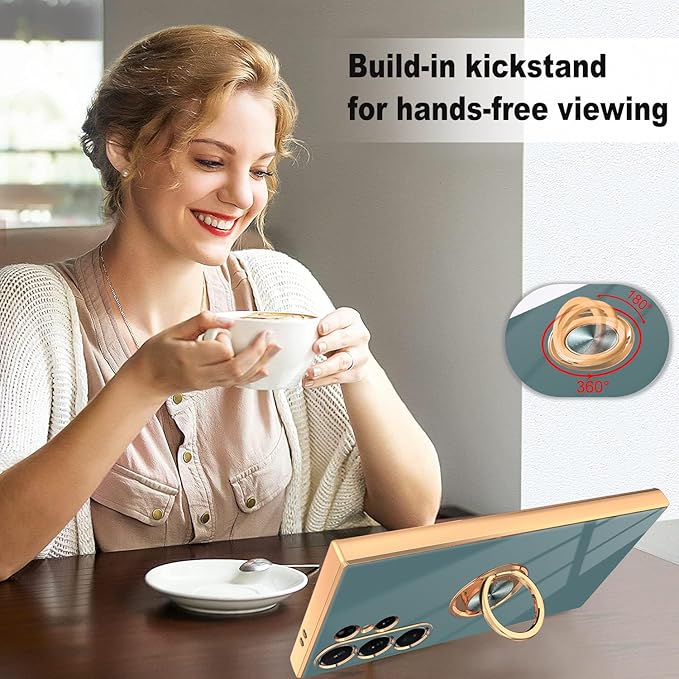 Dinick Gray for Samsung Galaxy S24 Ultra Case with Ring Holder Kickstand [with Magnetic] Soft TPU Bumper, Glitter Gold Electroplated Cover Slim Thin Protective Phone Case for Galaxy S24 Ultra