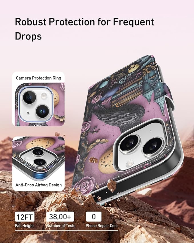 DEENAKIN for iPhone 15 Plus Wallet Case with Card Holder + Cash Clip, RFID-Blocking, Military-Grade Drop Protection, Magnetic Closure with Leather Kickstand - Gothic Skull & Raven