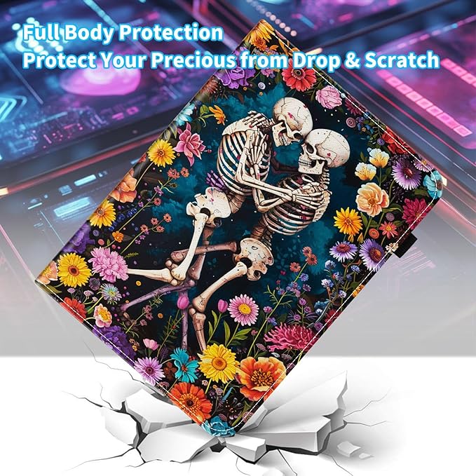 Case for Samsung Galaxy Tab A9 Plus/A9+ 5G 11 Inch 2023 Model (SM-X210/X216/X218),Card Slot PU Leather TPU Case Pen Holder Auto Wake Sleep,Flower Skull