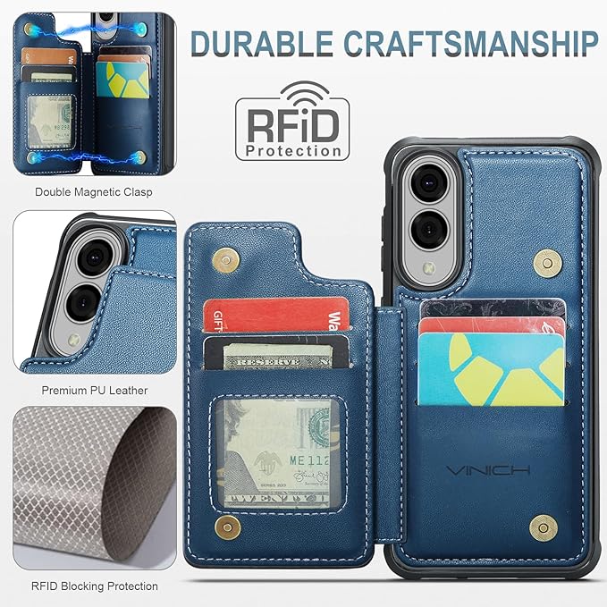 Vinich for Samsung Galaxy S25 Edge Wallet Case with Card Holder, RFID Blocking Credit Slots Kickstand Shockproof Phone Cover for Women Men, Blue