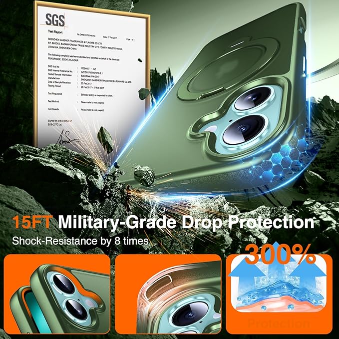 360° O-Ring MagStander for iPhone 16 Case with Magnetic Kickstand Ring Holder [Compatible with MagSafe][360°Rotate Stand Ring][Military Shockproof] Magnet iPhone 16 Phone Cover Matte Green