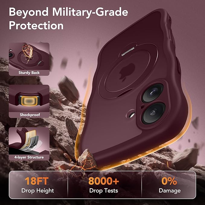 for iPhone 16 Plus Case,[Compatible with Magsafe][360° Spin Magnetic Stand][Military-Grade Protection][Camera Control][Cute Wave Edge]Translucent Matte Women Phone Cover for 16 Plus, Wine Red