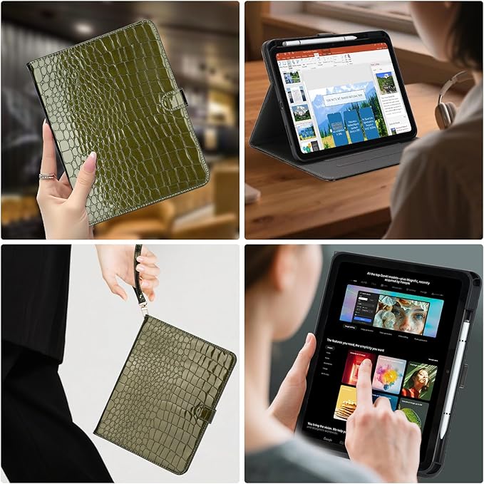 Elegant Case for Samsung Galaxy Tab A9 Plus 11 Inch 2023（Model: SM-X210/X216/X218）, Premium Leather Crocodile Cover | Stand | Card Pockets| Wrist Strap| S Pen Holder (Dark Green)