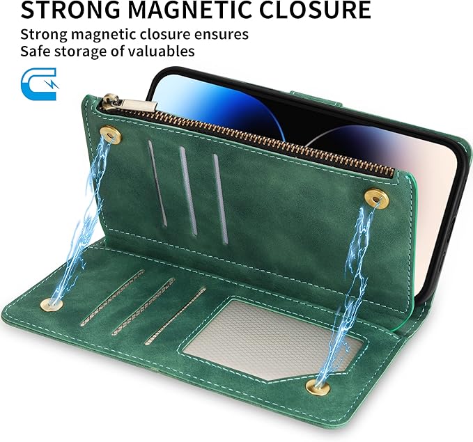 ZZXX for iPhone 14 Pro Case Wallet with [RFID Blocking] Card Slot Premium Soft PU Leather Zipper Flip Folio with Wrist Strap Kickstand Protective Cover for iPhone 14 Pro Wallet Case(Green-6.1 inch)