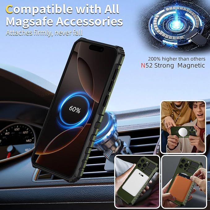 for iPhone 16 Pro Case Magnetic Compatible with MagSafe Wireless Charging,with 2 Screen Protector,with Kickstand Ring Shockproof Shock-Absorbent Heavy Duty Protection Scratch Resistant Green