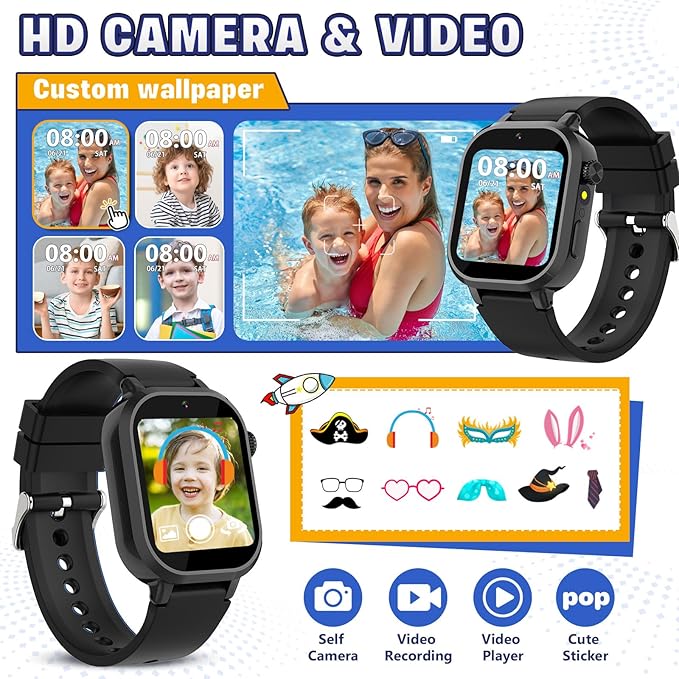 Vakzovy Kids Waterproof Smart Watch Girls Gift Age 3-12 with 39 Game HD Touch Screen Video Camera Music Player Pedometer Alarm Clock Birthday Gift for 6 7 8 9 Year Olds Black
