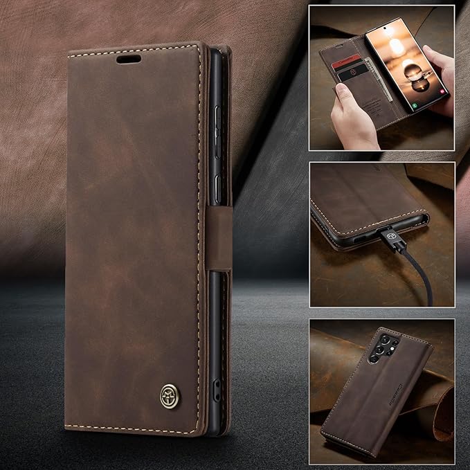 for Samsung Galaxy S22 Ultra Case, Flip Wallet Leather Case with Card Holder Magnetic Closure Shockproof Kickstand Protective Phone Cases Cover for Samsung S22 Ultra,Coffee
