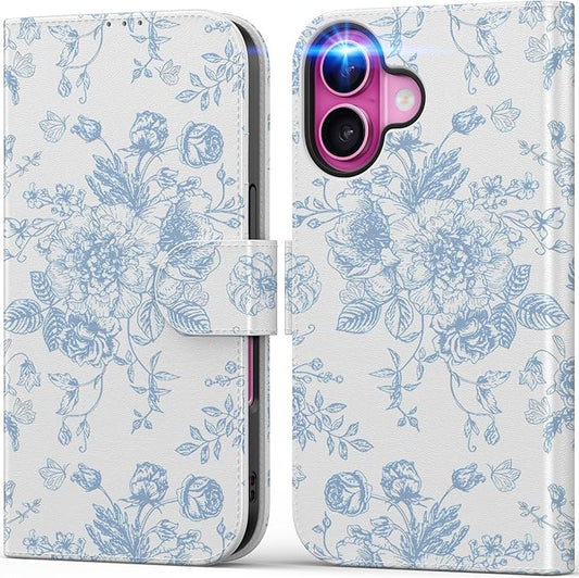 DEENAKIN for iPhone 16 Plus Wallet Case with Card Holder + Cash Clip, RFID-Blocking, Military-Grade Drop Protection, Magnetic Closure with Leather Kickstand - Blue Floral Design