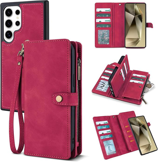 TwoHead for Samsung Galaxy S24 Ultra Wallet Case with Card Holder & Detachable Magnetic Phone Case for Galaxy S24 Ultra,PU Leather Shockproof Protective Phone Cover Wallet(6.8 in,Wine Red)