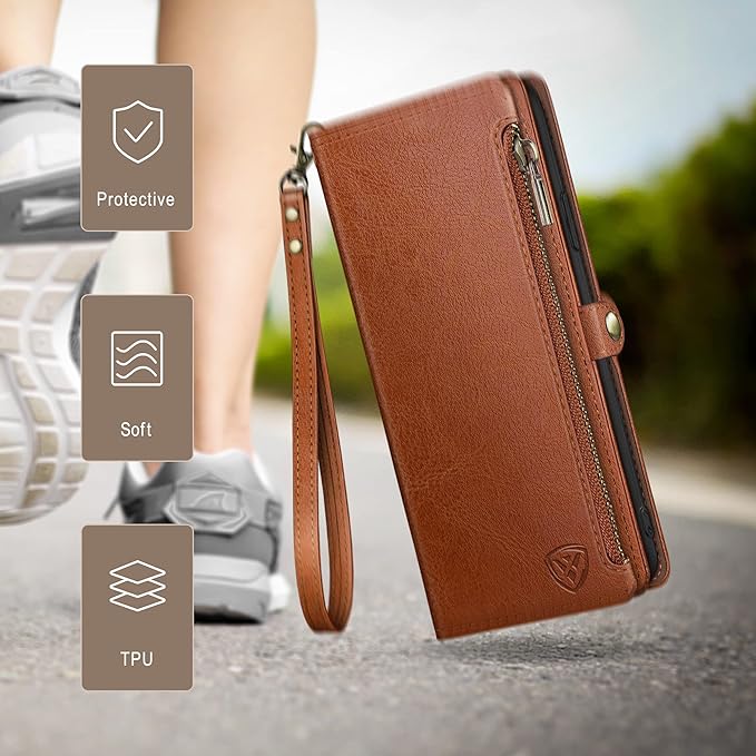 XcaseBar Compatible with iPhone 17 6.3" Wallet case with Zipper Credit Card Holder【RFID Blocking】,Flip Folio Book PU Leather Phone case Shockproof Cover Women Men for Apple 17 case Light Brown