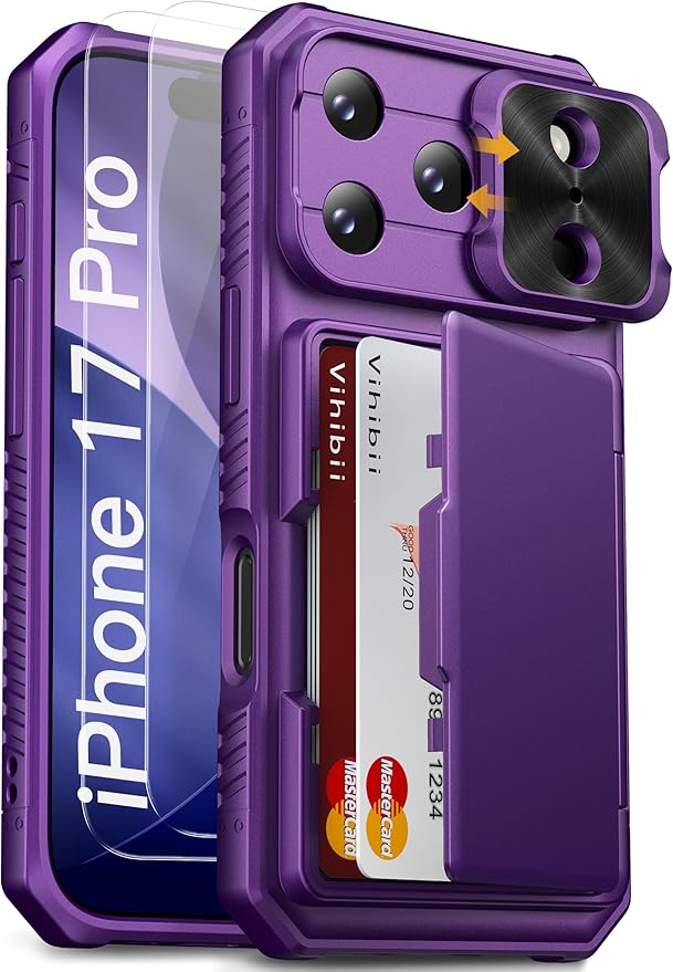 Vihibii for iPhone 17 Pro Case with [2X Screen Protector], Built-in Card Holder (4 Cards), [RFID Blocking] & Slide Camera Cover & Tempered Glass Films, Rugged Wallet Cover for 17 Pro 2025, Dark Purple