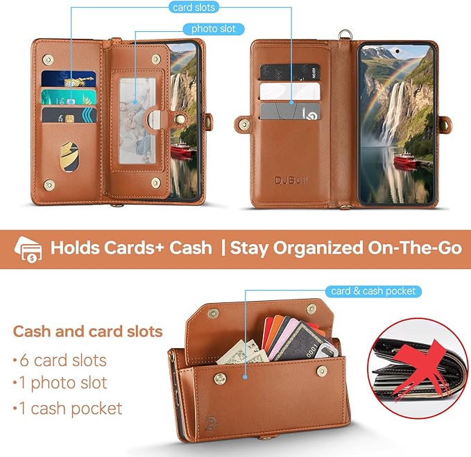 DJBull for Samsung Galaxy S25 Wallet Case with Card Holder, Shoulder and Wristlet Straps, Soft PU Leather, Magnetic Snap, Flip Phone Case for Women Men for Samsung S25 Light Brown