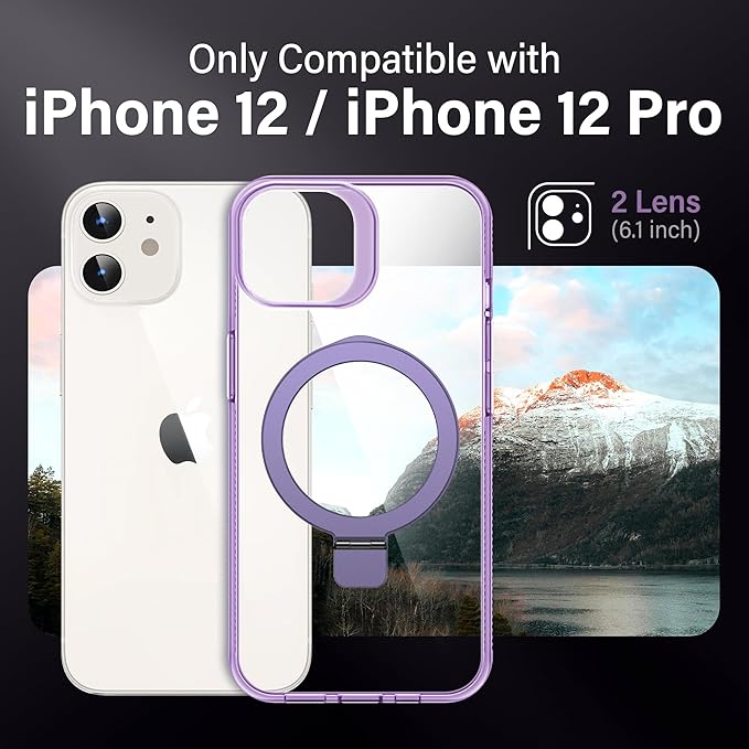 Magnetic Case for iPhone 12/12 Pro - [Built-in Invisible Stand] [Compatible with MagSafe] [Military Grade Drop Protection] Anti-Yellowing Hard Back Silicone Edge Cover, 6.1", Clear Purple