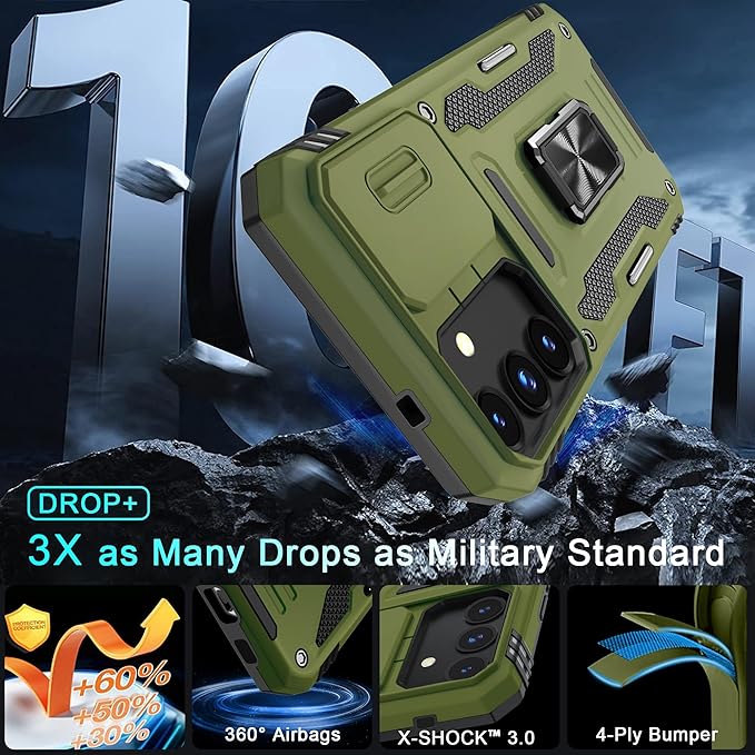 DEERLAMN Case for Samsung Galaxy S25 6.2-Inch with Slide Camera Cover+Screen Protector (1 Pack), Rotated Ring Kickstand Military Grade Shockproof Protective Cover-Olive Green
