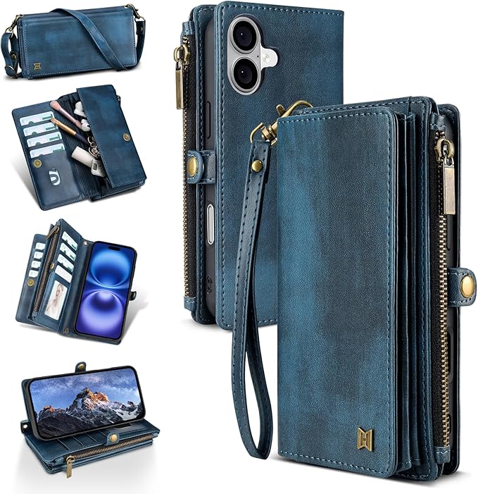 for iPhone 16 Plus Wallet Phone Case with 8 Card Holder,RFID Blocking | PU Leather | Kickstand | Flip | Wrist Strap&Shoulder Strap | Shockproof | Zipper Wallet | Women Men | 6.7" | Blue