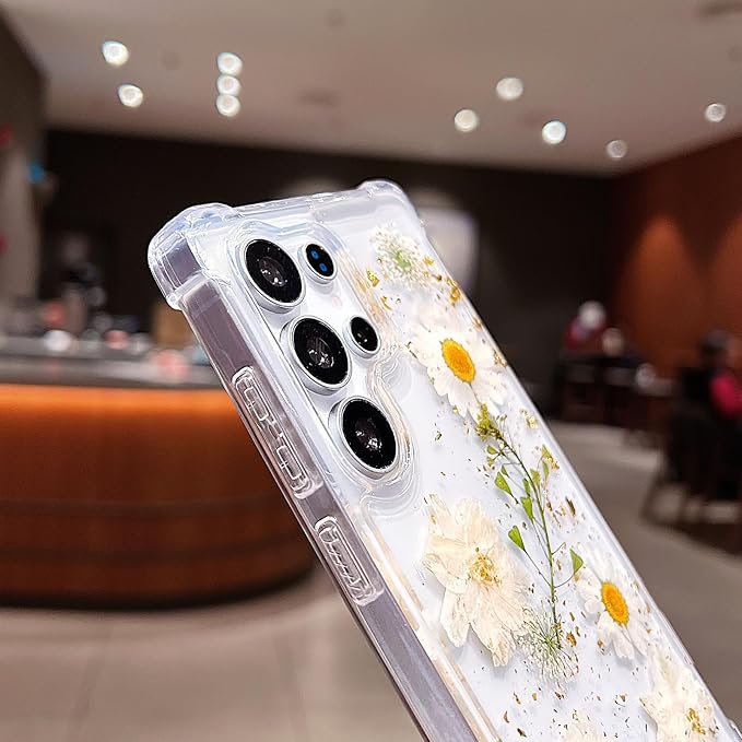 Compatible with Samsung Galaxy S25 Ultra Case Cute Pressed Dried Real Flowers Design Women Girly Shockproof Glitter Floral Clear Phone Cover for Galaxy S25 Ultra (White Flower)