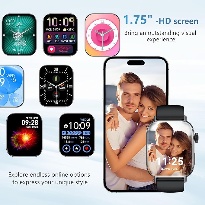 Black Smart Watche for Men/Women,1.75" fitness trackers with Heart Rate Monitor/Flashlight , IP67 Waterproof, Bluetooth Call & Music Control, Sport watch men,120+ Sport Smartwatch for iOS Phone Adroid