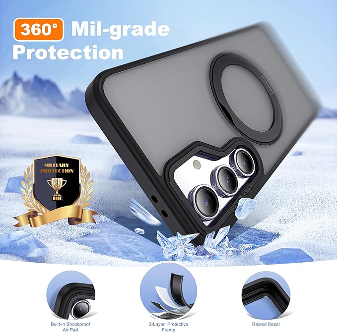 for Samsung Galaxy S24 FE Case with 360° Rotatable Magnetic Ring Stand Compatible with Mag-Safe Military Protection Shockproof Matte Translucent Phone Cases for S24 FE,Black