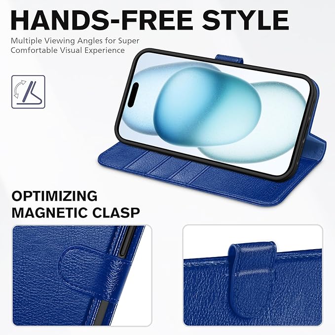 TUCCH Wallet Case for iPhone 15 6.1-inch 5G, [TPU Shockproof Inner Shell] PU Leather [RFID Blocking] 4 Credit Card Holder Magnetic Kickstand Flip Cover Compatible with iPhone 15 6.1" 2023, Klein Blue