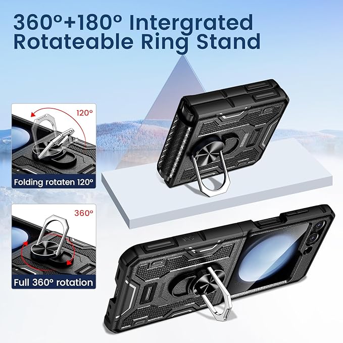 VEGO for Galaxy Z Flip 5 Case with Stand, 360°Ring Magnetic Ring Kickstand & Belt Clip Holster & Camera Screen Protector & Hinge Protection, Shockproof Cover - Black