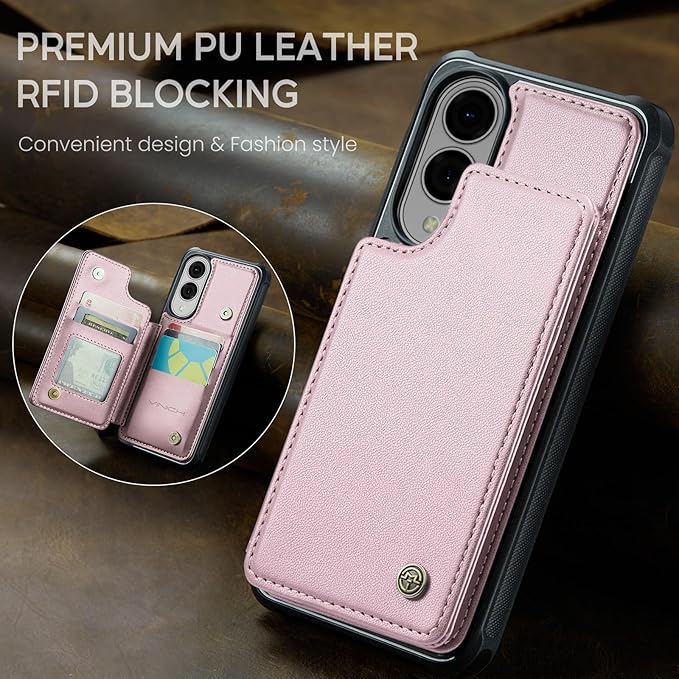 Vinich for Samsung Galaxy S25 Edge Wallet Case with Card Holder, RFID Blocking Credit Slots Kickstand Shockproof Phone Cover for Women Men, Pink