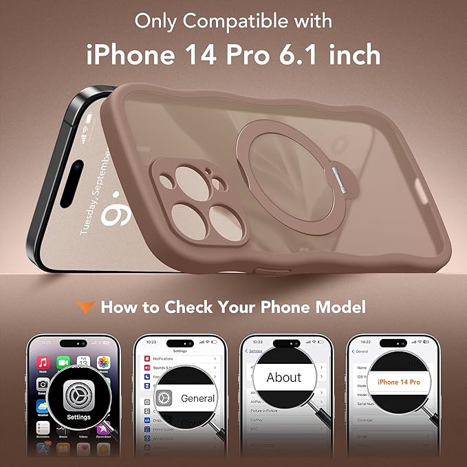 GolbinBox for iPhone 14 Pro Case for Women,[Compatible with Magsafe][360° Spin Magnetic Stand][Cute Wave Edge][Military-Grade Protection] Translucent Matte Phone Case for iPhone 14 Pro, Brown