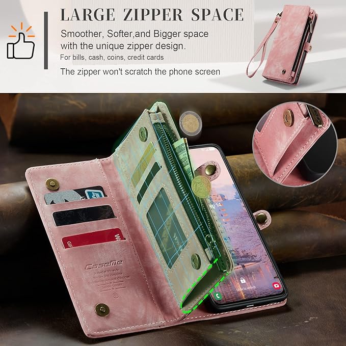 SZHAIYU 2 in 1 Detachable for Samsung Galaxy S23 Wallet Case with Card Holder, Retro Premium Flip Leather Cover Magnetic Zipper Pocket Phone Cases 6.1'' (Pink,S23)