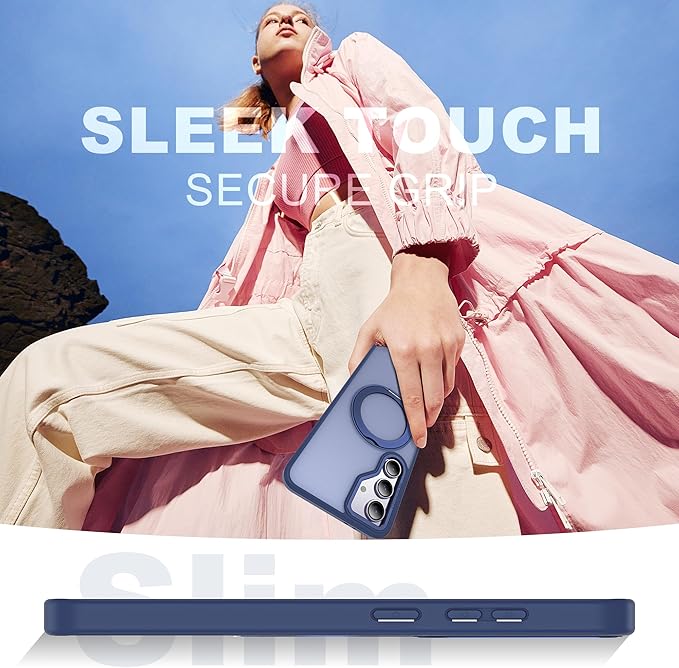 for Samsung Galaxy S23 FE Case with 360° Rotatable Magnetic Ring Stand Compatible with Mag-Safe Military Protection Shockproof Matte Translucent Phone Cases for S23 FE,Blue