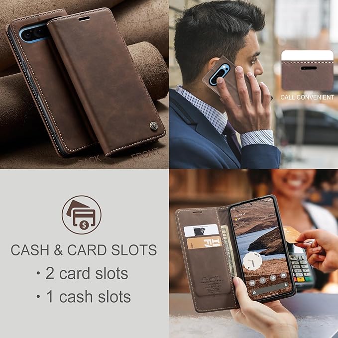 for Google Pixel 9 Pro XL Case, Flip Wallet Leather Case with Card Holder Magnetic Closure Shockproof Kickstand Protective Phone Cases Cover for Google Pixel 9 Pro XL,Coffee