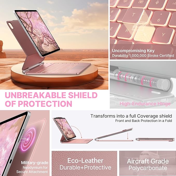 typecase Keyboard Case for iPad Air 13(M3 2025 / M2 2024) and iPad Pro 12.9 (6th, 5th, 4th, 3rd Gen),Magic Keyboard, Easy-Set Magnetic Stand,Multi-Touch Trackpad, 11 Colors Backlight,Rose Gold