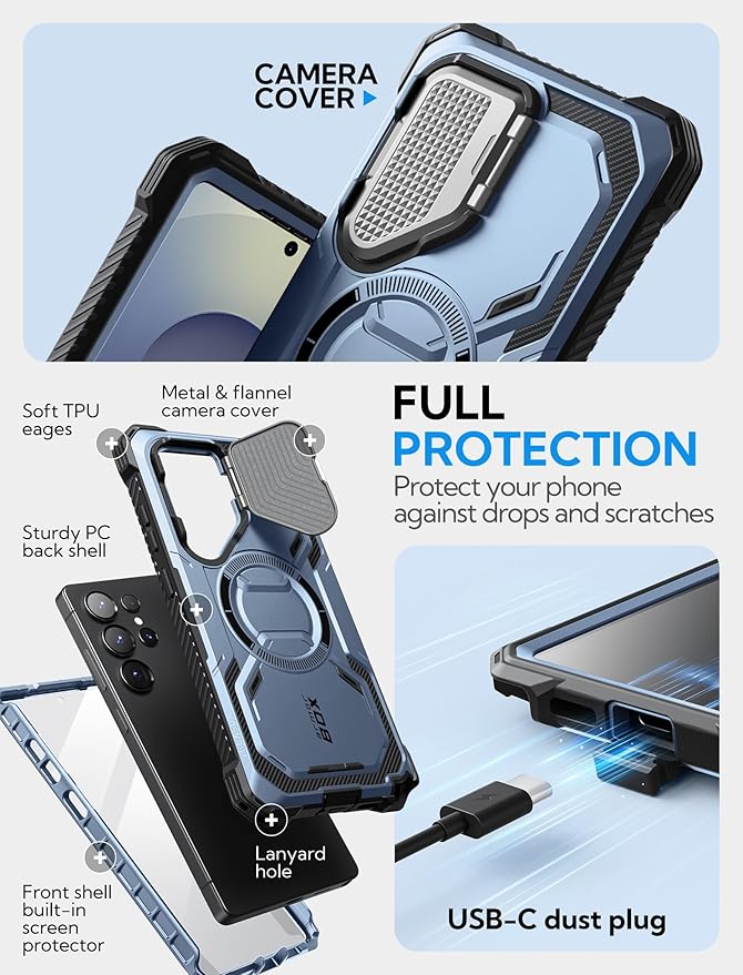 i-Blason Armorbox for Samsung Galaxy S25 Ultra Case MagSafe with Camera Cover Stand [Military Protection] Full-Body Heavy Duty Magnetic Phone Case with Screen Protector for S25 Ultra 6.9 inch, Blue