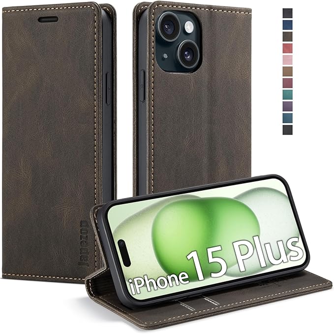 japezop iPhone 15 Plus 5G Wallet Case with RFID Blocking, Card Holder Kickstand Magnetic Leather Flip Case Wallet for iPhone 15 Plus 5G 6.7 Inch(Coffee)