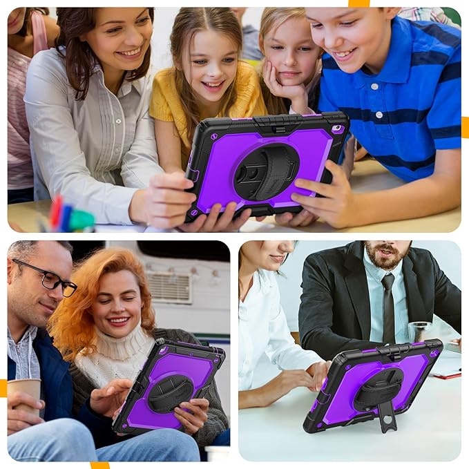 Timecity Case for iPad 9th/ 8th/ 7th Generation 10.2 inch - Heavy Duty Protective Cover with Screen Protector, Rotating Stand, Shoulder Strap & Pencil Holder | Kids-Friendly (Purple)